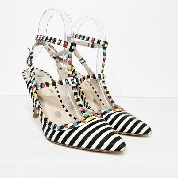 Boden Ashley T-Bar Striped Courts Heels Colorful Studs Size 37 6 Women’s - Picture 1 of 6